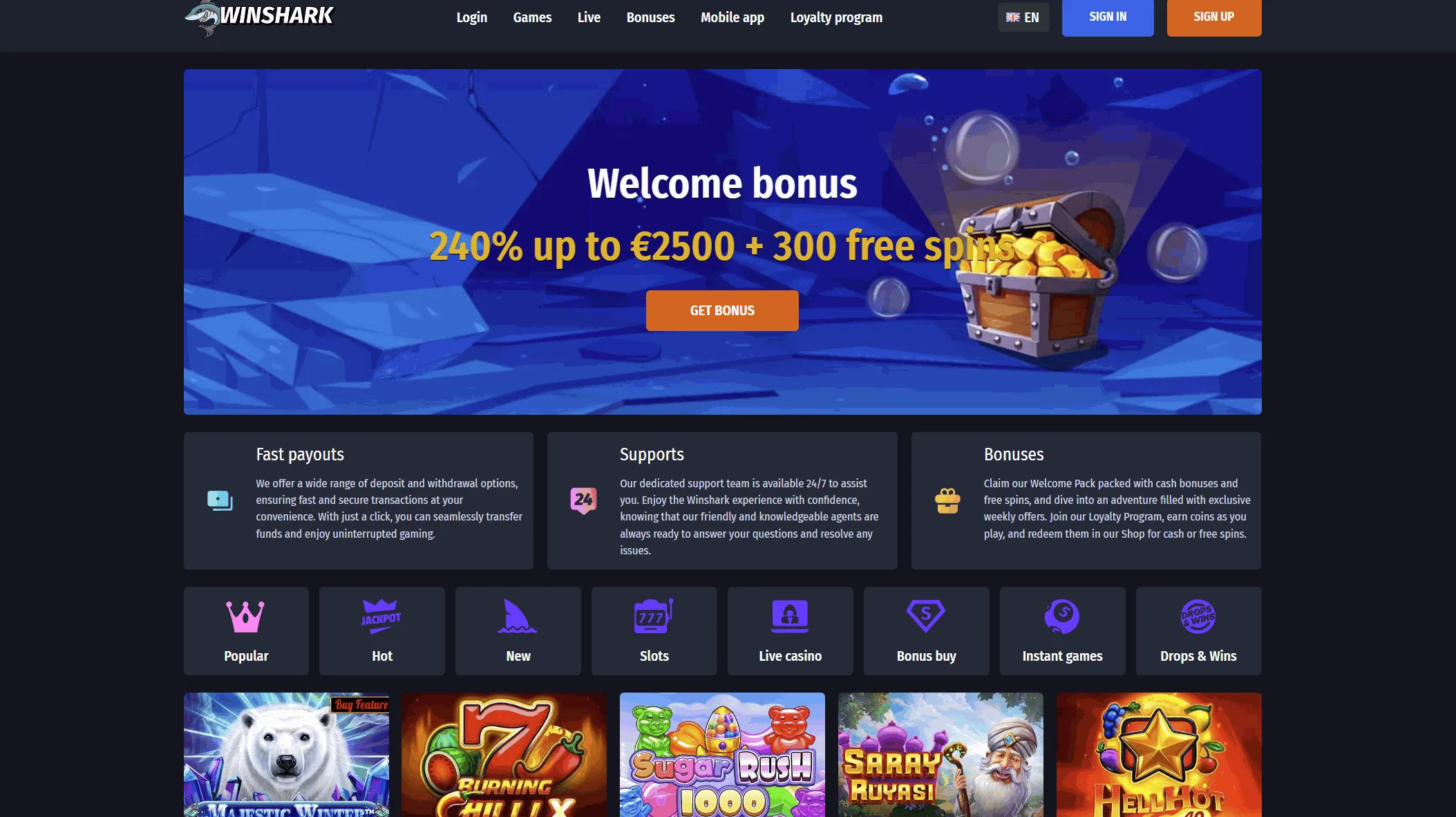 Winshark online casino welcome offer Winshark casino homepage
